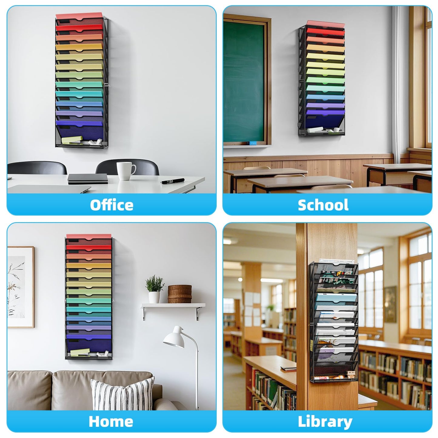 Marbrasse Wall File Holder 13-Tier Hanging Wall File Organizer, for Papers, Files Clipboard & Magazine Organizer, Wall Mount File Holder Great for Office Home (Black)