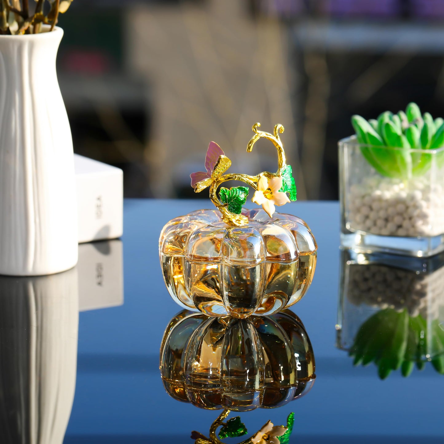 Crystal Pumpkin Ring Jewelry Box - Champagne Pumpkin Collectible Figurines Glass Paperweight Tabletop for Fall Harvest Thanksgiving Halloween Home Decor Gifts for Her Women Mom Girlfriend Wife