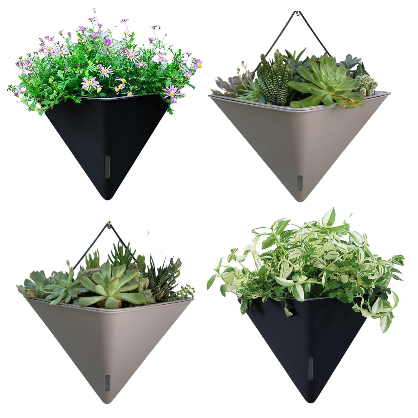 LaLaGreen Wall Planters - 4 Pack, 12 Inch Large Self Watering Black and Gray Mixed Color Geometric Indoor Vertical Garden Plant Wall Hanging Flower Vase Vessel with Black Metal Hanger Modern Stylish