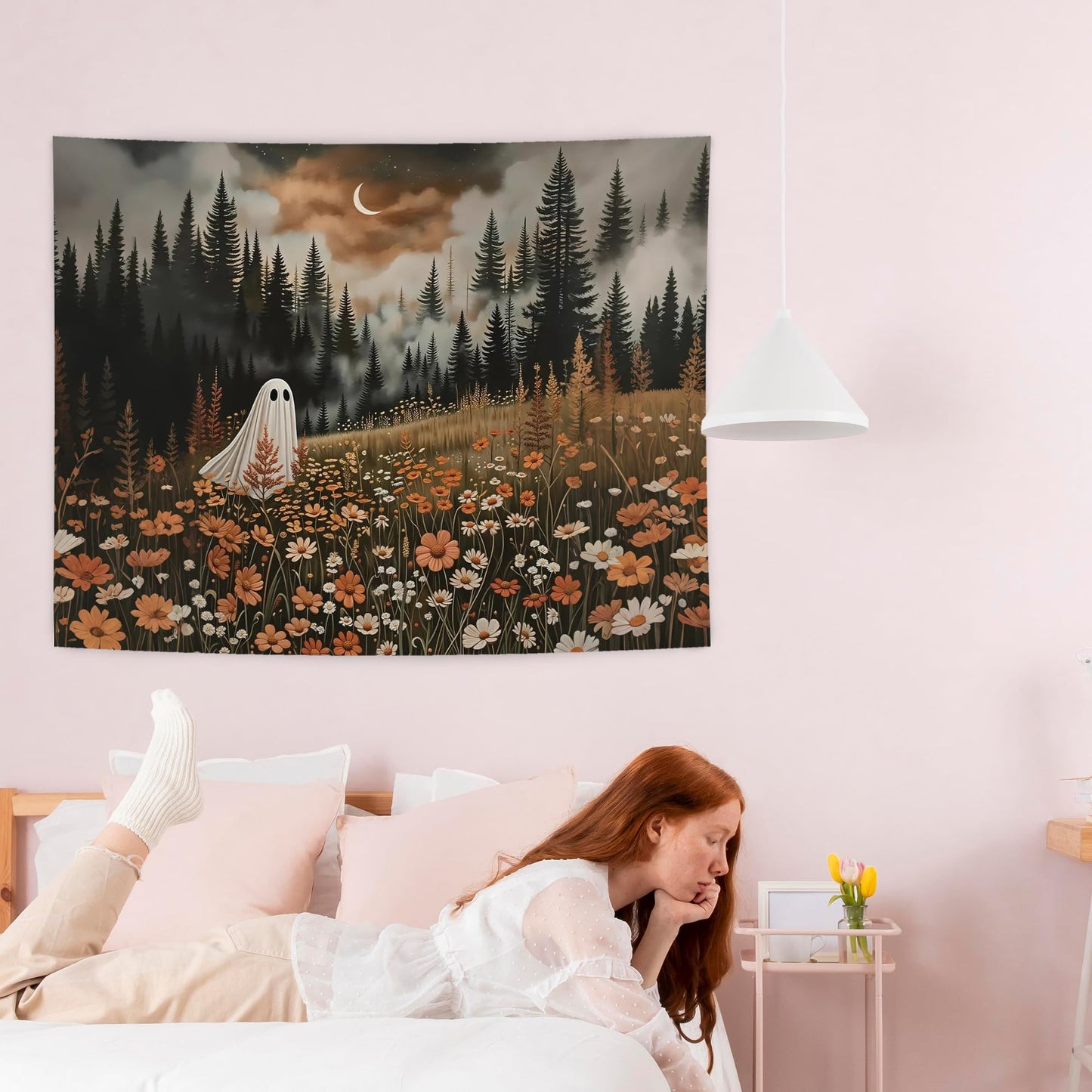NATSUNO Halloween Tapestry, Halloween Spooky Ghost Wall Tapestry for Bedroom, Whimsical Enchanted Forest Flower Ghost Tapestries Wall Hanging for Home Living Room Decor, 50x60 Inches