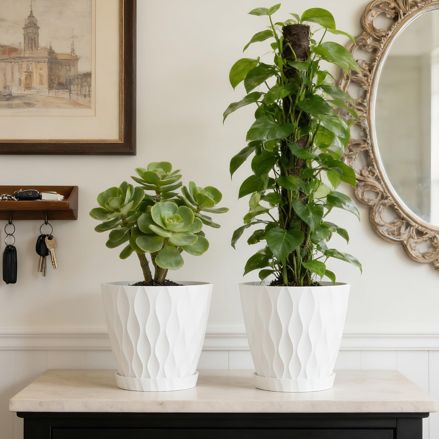 UOUZ 8 Inch Plant Pots, 2 Pack Plastic Planters for Indoor Outdoor with Drainage Holes & Saucers, Waffle Texture Flower Pots for Indoor Plants, Indoor Plant Pots for Monstera, Fiddle Leaf Fig, White