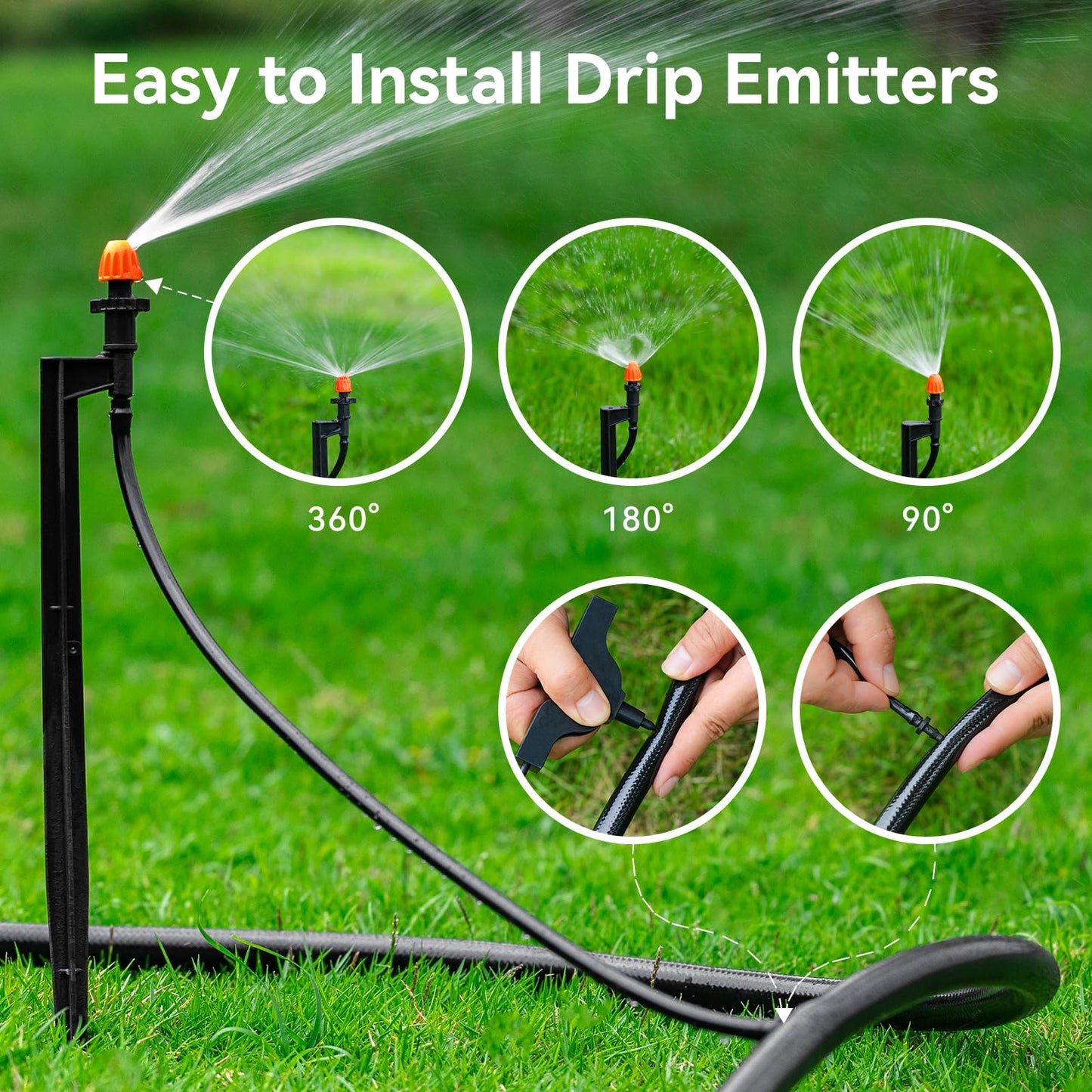 180 Degree Micro Drip Spray Emitters: 20 Set Drip Irrigation Sprinkler Heads on 12 Inch Stakes with 1/4" Tubing, Half Circle Pattern Drip Emitters for Garden Irrigation System