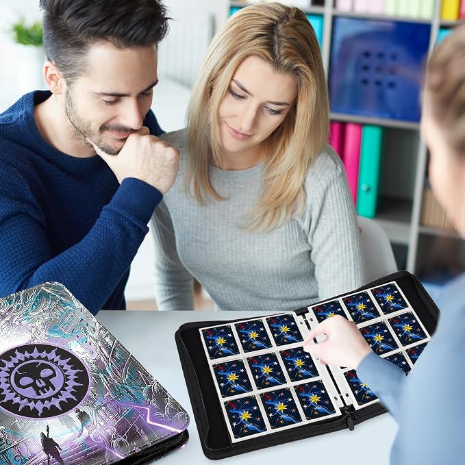 720 Pockets Round Ring Trading Card Binder, 9-Pocket Clear Zipper Card Album with Wrist Strap, Holds 720 Standard TCG Cards Compatible with Sports Baseball Football Game Cards (Purple Print)