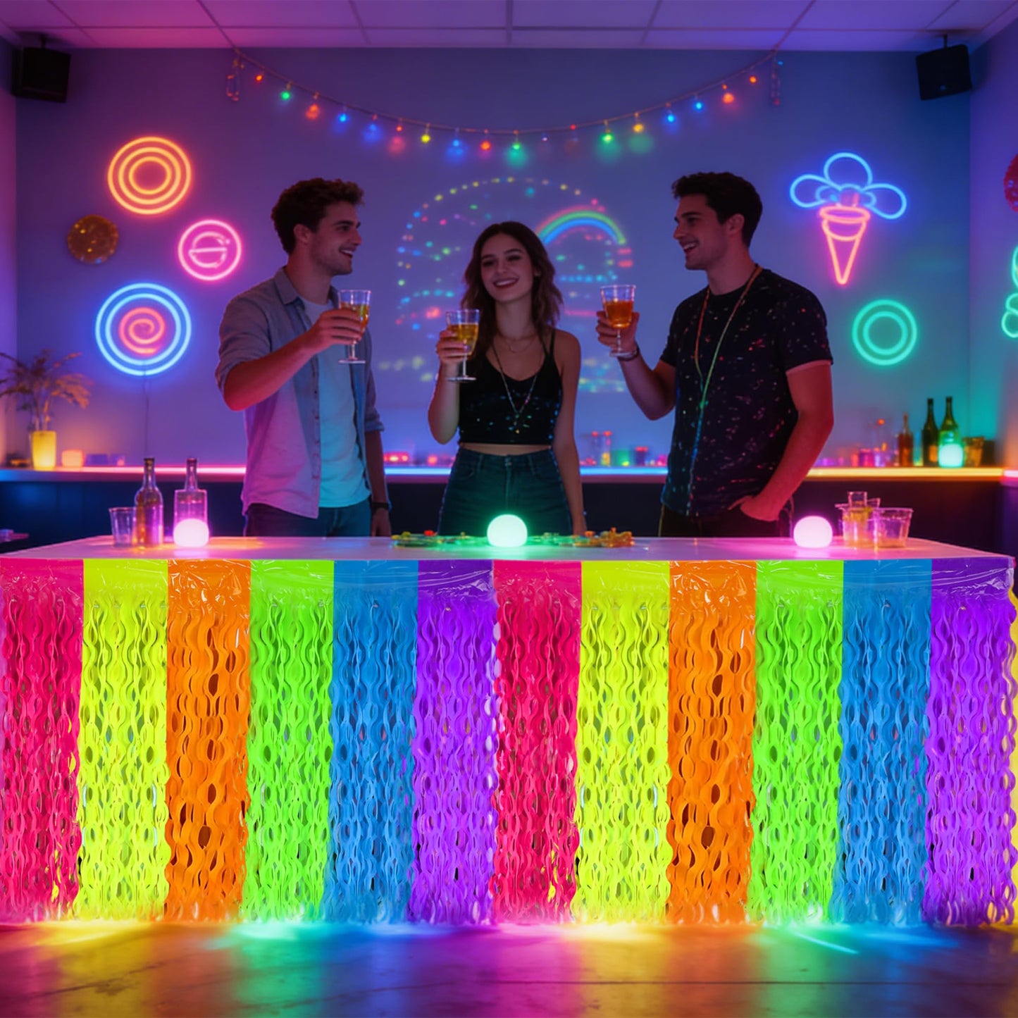 4 Pack Neon Tinsel Foil Fringe Table Skirts 108 x 29.5 Inch Glow in The Dark Party Table Decoration UV Reactive Fluorescent Wavy Tables Skirt for Glow Birthday Wedding Supplies Neon Party Decor