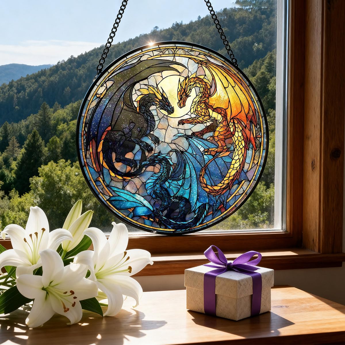 Greatingreat Dragon Stained Glass Window Hanging,7.87 Inch Bookshelf Decoration, Stained Glass Window Hanging Decoration, Whimsical Decor for Fantasy Lovers, Friends, Family, Classmates