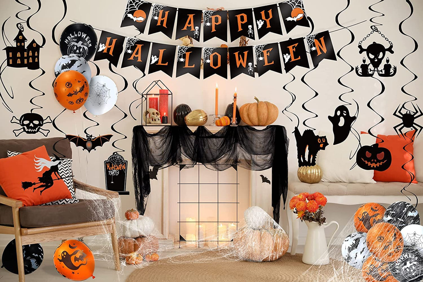 LINAYE Halloween Party Decorations Kit Indoor Outdoor | Halloween Hanging Swirl Decorations, Banner, Creepy Cloth, Balloons, Spider Web Hanging Decorations Decor Set Pack