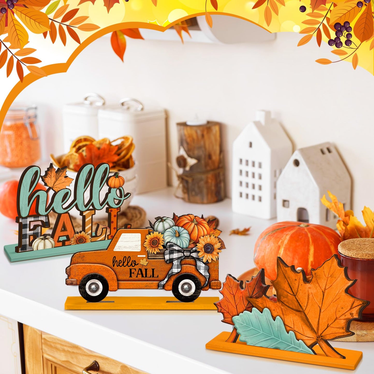 Yousoontic 6 Pcs Fall Decor for Home Fall Thanksgiving Table Decorations Centerpieces Signs Gnomes Pumpkin Truck Tabletop Signs for Autumn Photo Props Harvest Party Decor(Classic,Orange and Blue)