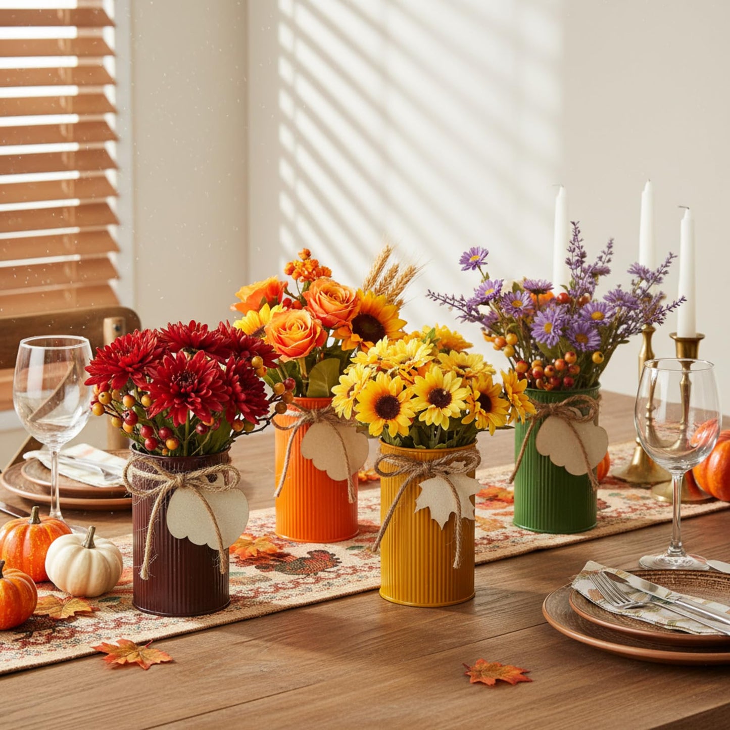 Acellegic 8 Pack Thanksgiving Table Centerpieces Fall Galvanized Metal Vases Decorations Farmhouse Flower Buckets Mason Jar Utensil Holder with Wooden Cutouts & Twine Bow for Holiday Table Decor