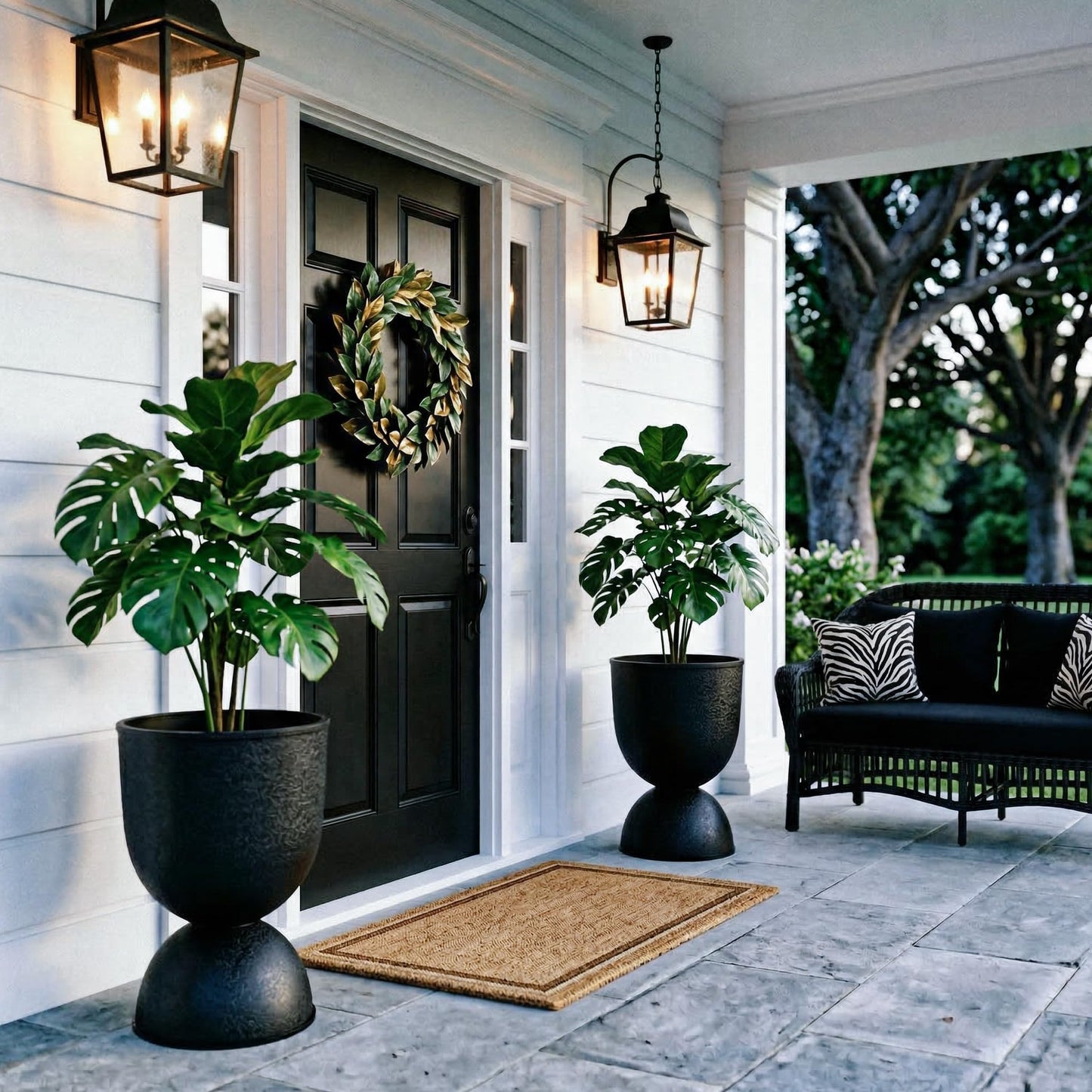 KOL Planters Flower Pots, Large Plastic Urn Planters for Indoor Outdoor Plants, Black Pedestal Planter 2 Pack, 18 Inch+23 Inch, Tall Decorative Planters with Drainage Holes & Plugs for Porch Garden