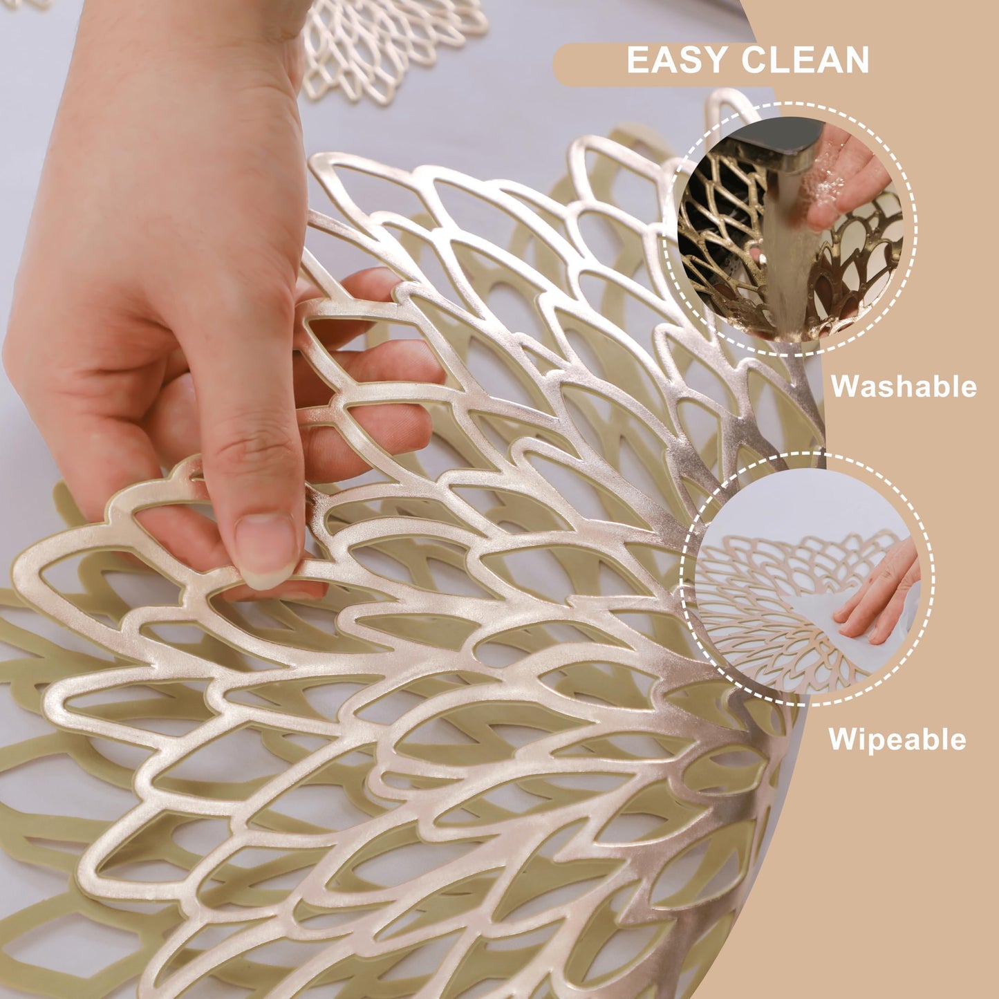 Snowkingdom Set of 12 Gold Metallic Placemats Laminated Vinyl Round Leaf Dinning Table Place Mats Bulk Decorative Halloween Thanksgiving Christmas Party Wedding Holiday Festival