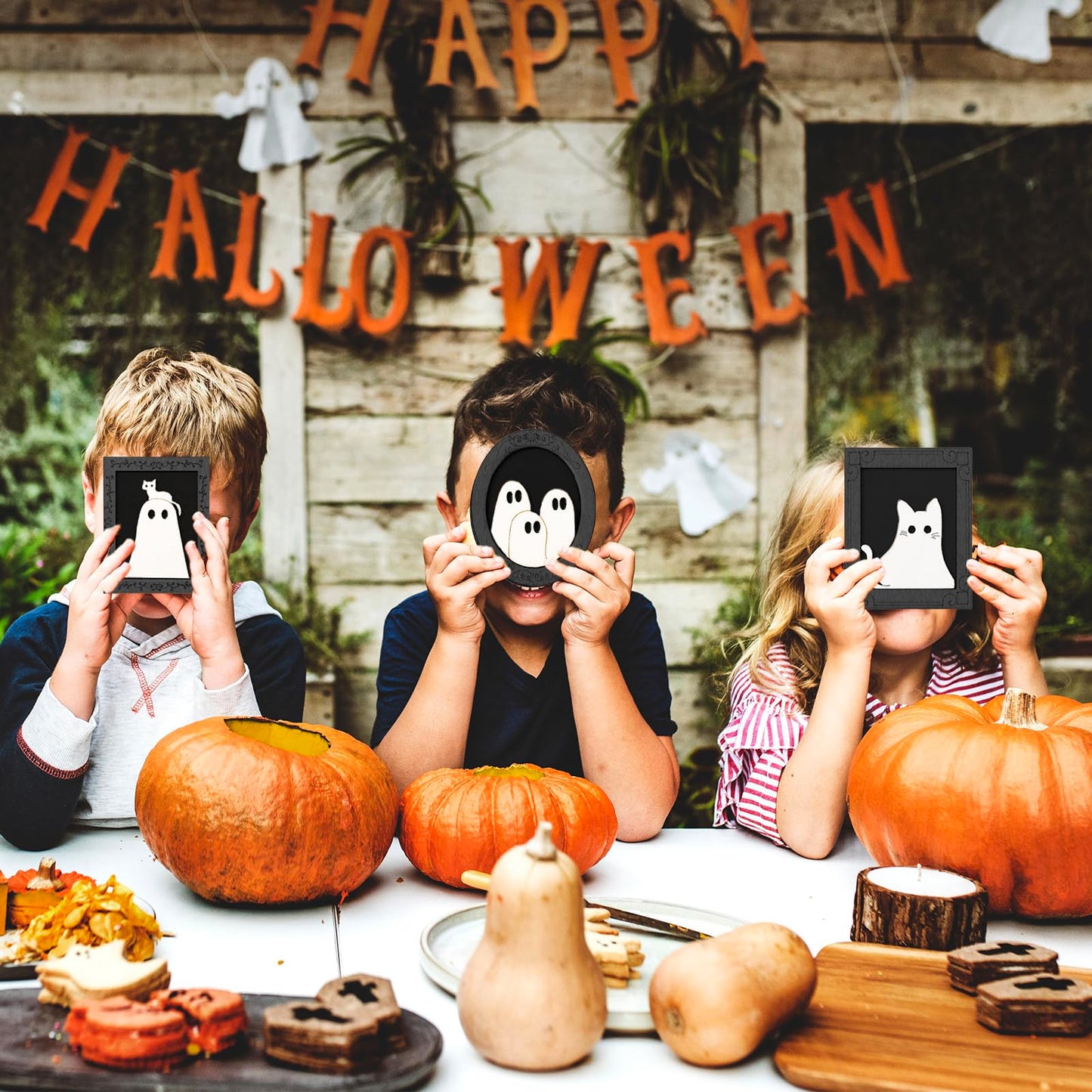 JarThenaAMCS 15 Set Halloween Wood DIY Frames Decorating Craft Unfinished Black Cat Ghost Wooden Gift Ornament Painting Set with White Black Paint and Brush for Art Party Supplies, Not Include Glue
