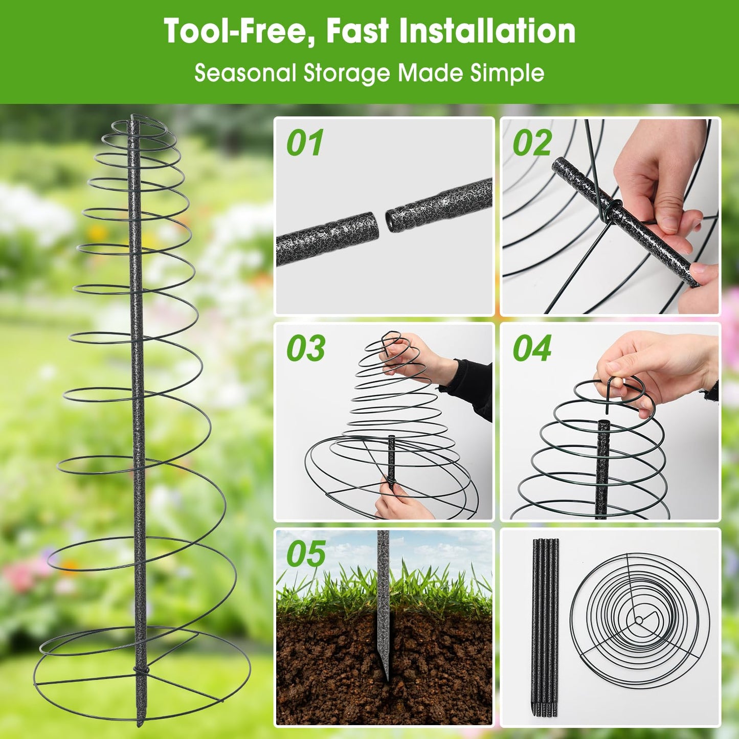 Trellis for Climbing Plants, 75” Metal Spiral Frame Pea Trellis with Center Pole, Adjustable Vine Plant Tower Supports for Outdoor Beans,Cucumbers,Vegetable,Flowers,Pots,Garden Raised Bed,12” Dia