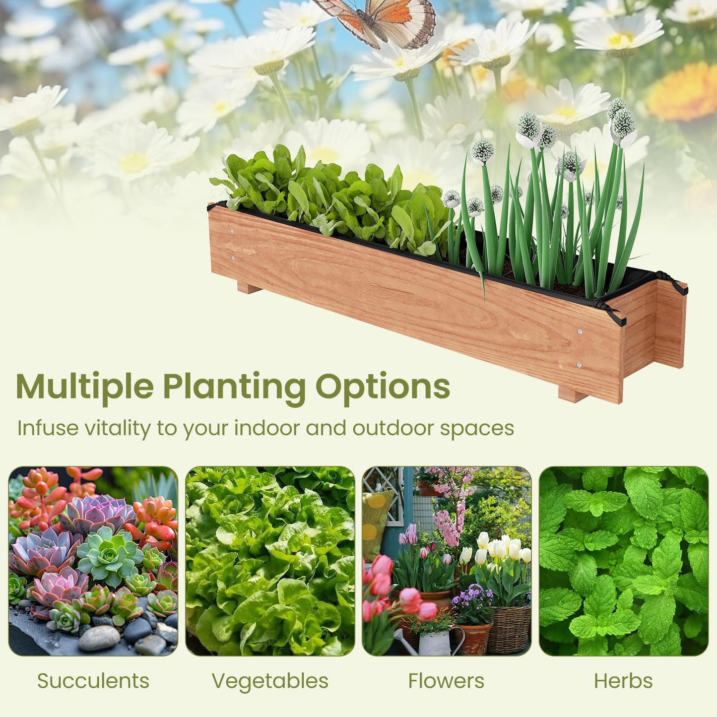 Giantex Wood Raised Garden Bed, Rectangular Planter Box w/Drainage Hole, Removable Liner for Growing Vegetable Flower Herb, Indoor Outdoor Plant Container for Backyard Deck Balcony, 36"x7"x7"