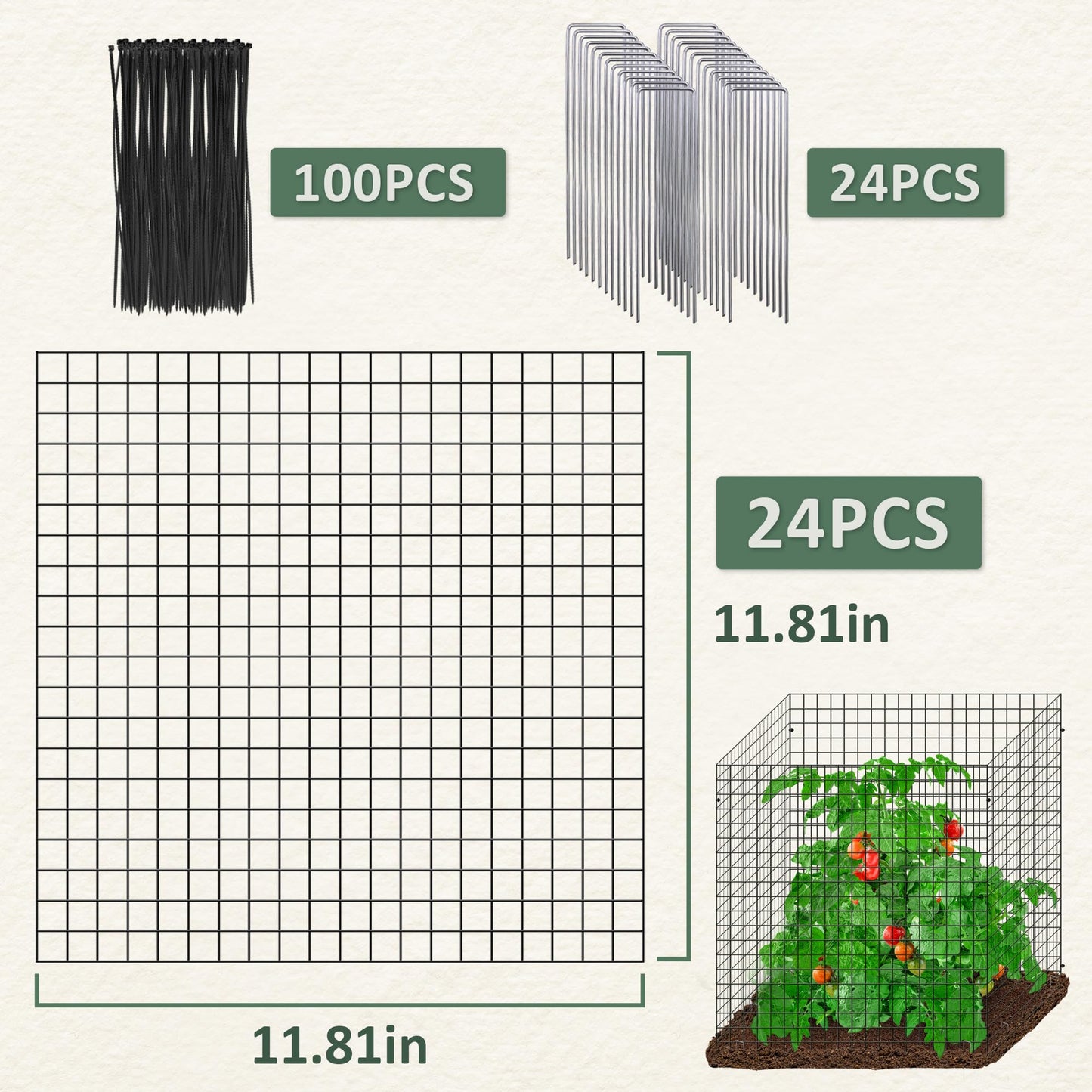 Warmfarm 24 Pics DIY Metal Plant Protectors from Deer, Garden Fencing Animal Barrier Size 11.8 * 11.8 inches, Mesh Plant Cage Chicken Wire Cloche for Plants with Stakes and Nylon Cables (24 Pcs)