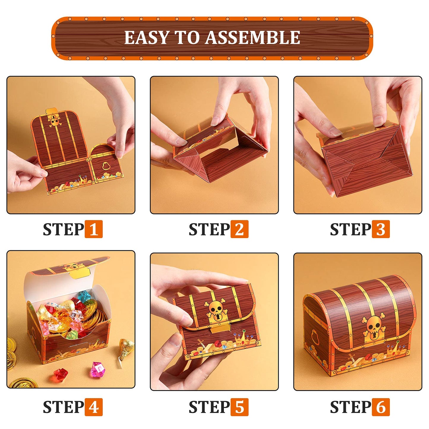 Chinco Treasure Treat Chest Boxes Cardboard Pirate Treasure Chest Party Favor Box Present Goodie Boxes for Halloween Game Pirate Theme Party(48 Pcs)