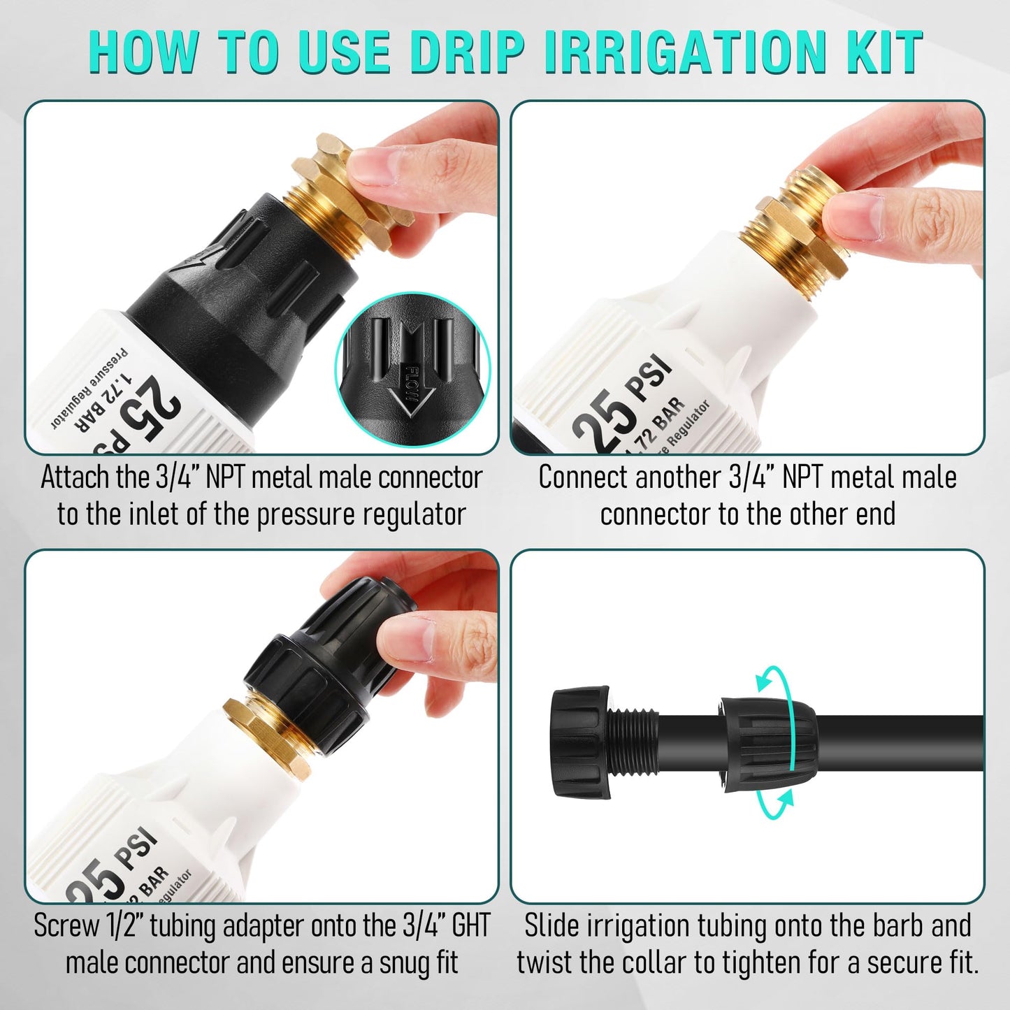 Aurelema 2 Pack 25 PSI Drip Irrigation Pressure Regulator Kit With Water Backflow Preventer for 3/4'' Garden/Faucet Hose Thread and 1/2'' Tubing Adapter, Complete System