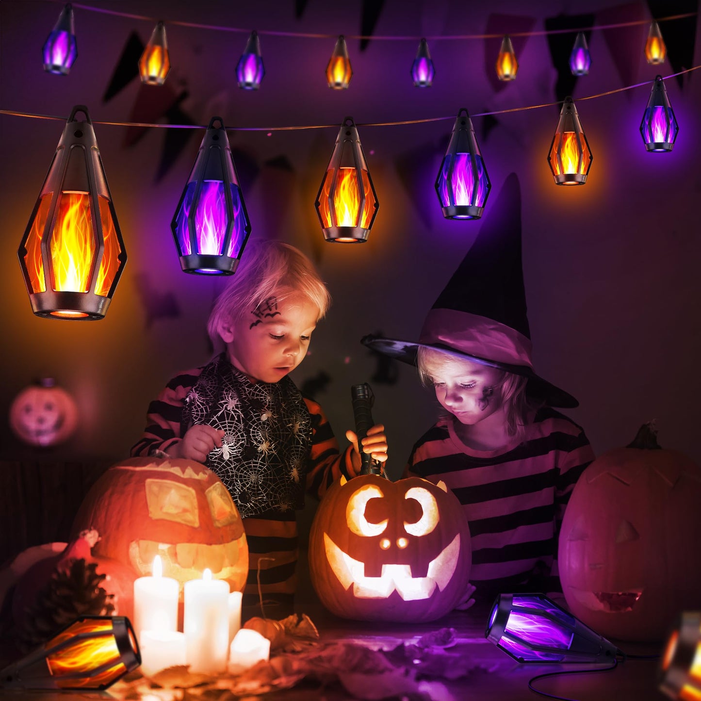iBaycon Solar Halloween Lights, 27Ft 10 LED Bulbs Flickering Flame String Light, Outdoor Waterproof Solar Flame Lights for Garden Yard Patio Halloween Decorations (Warm White + Purple)