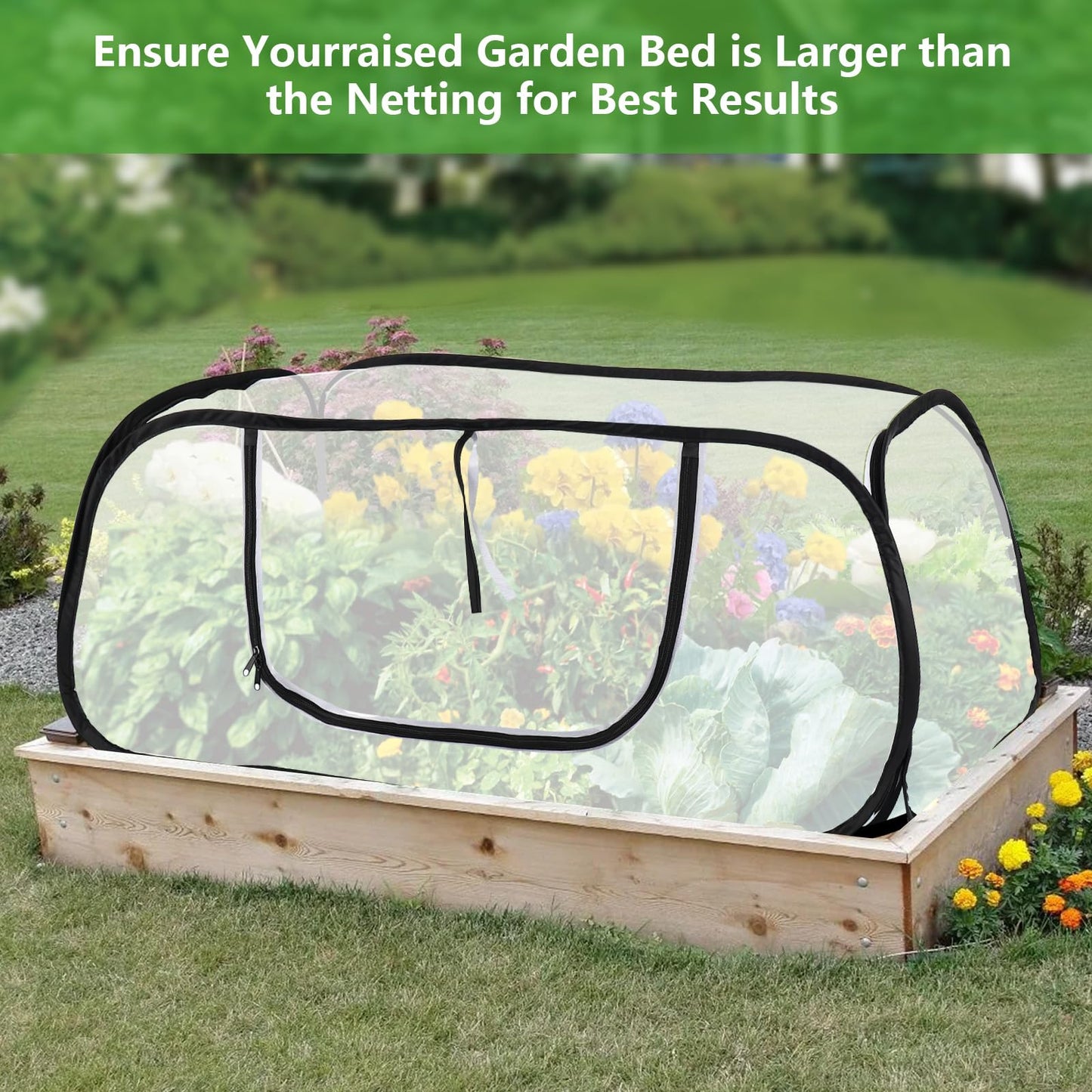 Pop Up Garden Mesh Plant Cover for Raised Beds, 47x20x16 Inch Outdoor Mesh Enclosure with Side Window & 4 Ground Stakes, Protects Fruits, Vegetables, Seedlings & Herbs (1 Pcs (47x20x16 Inch))