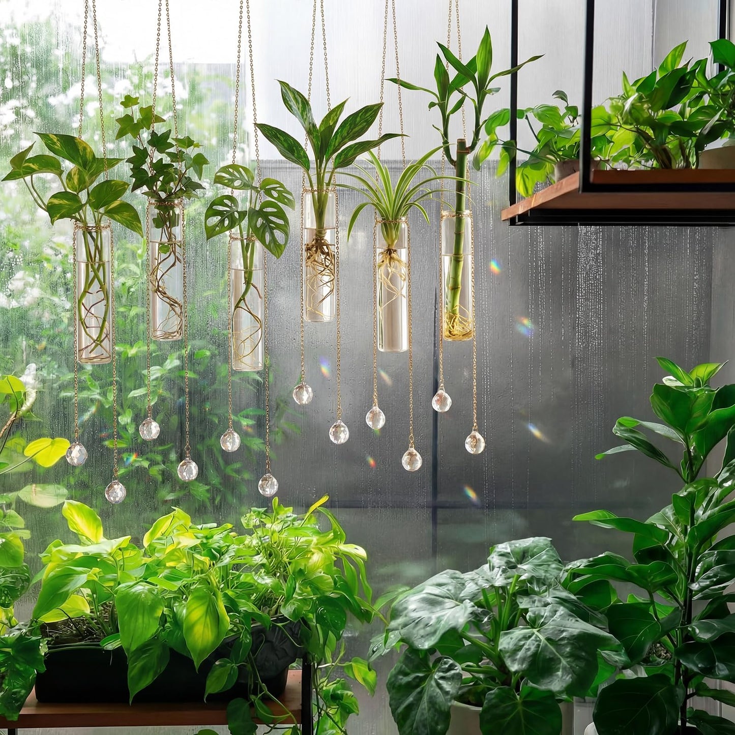 Hushee 6 Pcs Hanging Propagation Stations with Crystal Suncatcher Glass Hanging Wall Planters Indoor Plants Hydroponic Tubes for Plants Flowers Windows Home Decoration