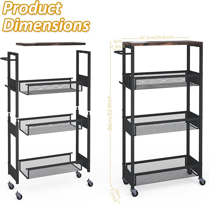 Vincona 7.1" Wide Slim Rolling Utility Cart, 4 Tier Metal Narrow Storage Cart with Handle and Wood Top, Multifunctional Small Mobile Shelf Unit Organizer Trolley for Laundry, Bathroom, Kitchen