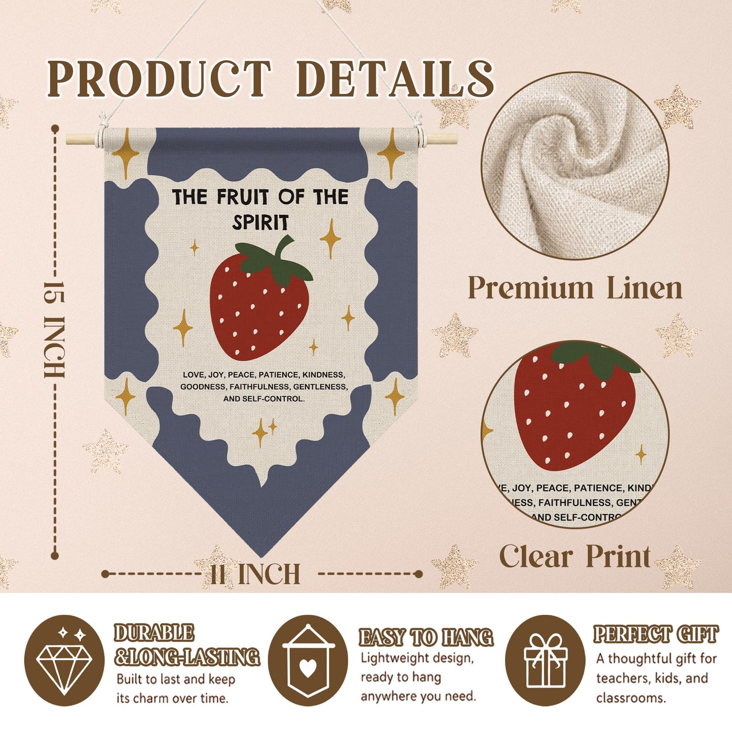 RUKUPA Christian Strawberry Wall Art Decor, the Fruit of the Spirit Bible Verse Hanging Pennant Flag, Religious Wall Art Poster Hanger for Home Bedroom Living Room Kitchen Girls Room Decor, 11x15 Inch