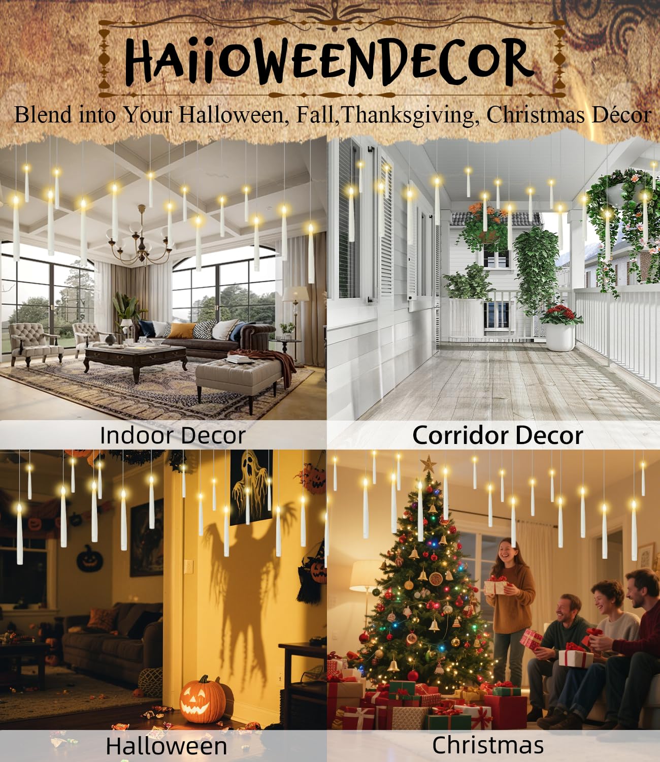 Christmas Decorations - 32pcs Floating Candles with Wand Magic Hanging Candles, Flameless Warm Light Flickering Battery Operated Candles, Floating LED Candle for Halloween Christmas Theme Party