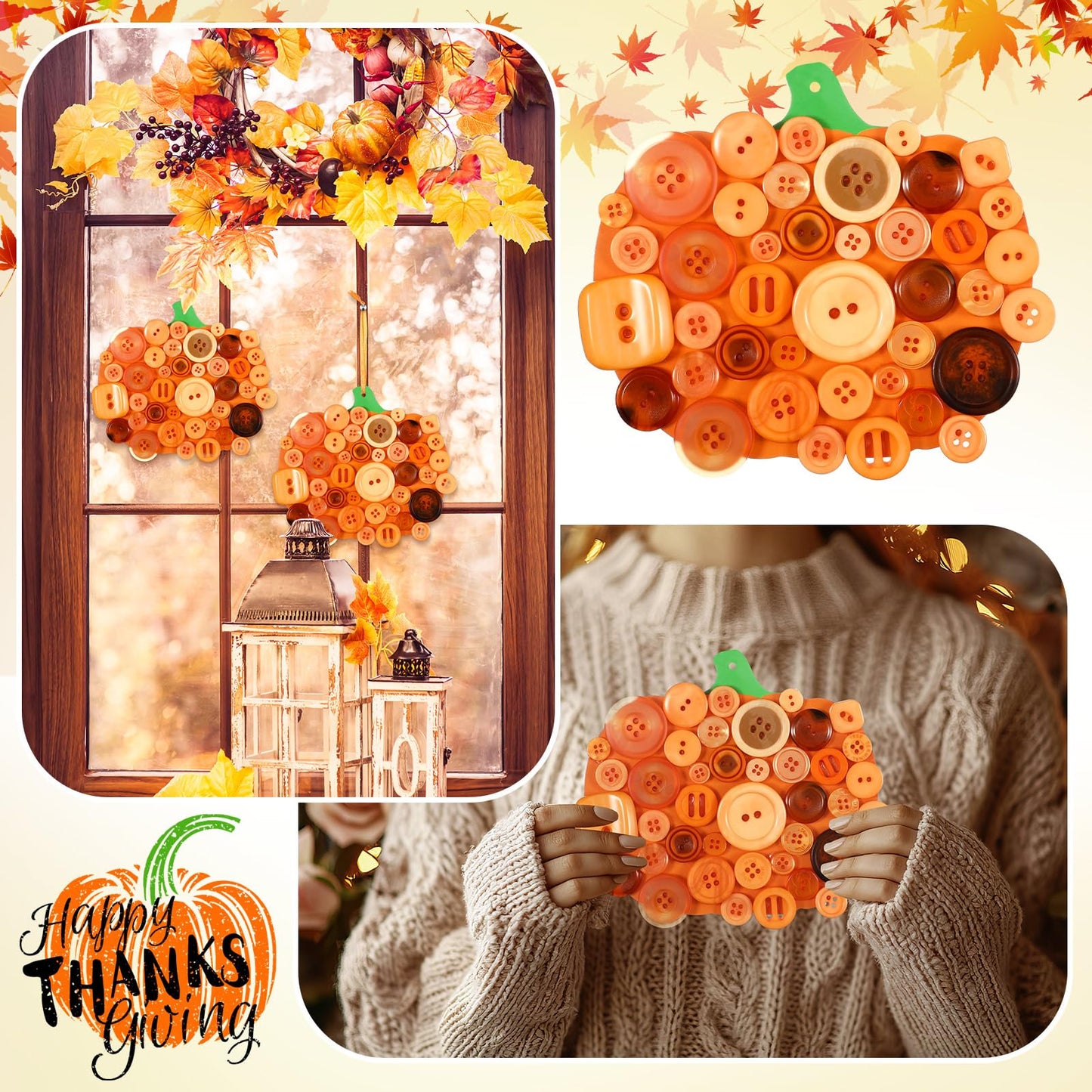 CraftyDream 12 Set Fall Pumpkin Craft Kit Buttons Fall Halloween Ornament Autumn Craft Hanging Decoration for Autumn Party Favor DIY Home Activities