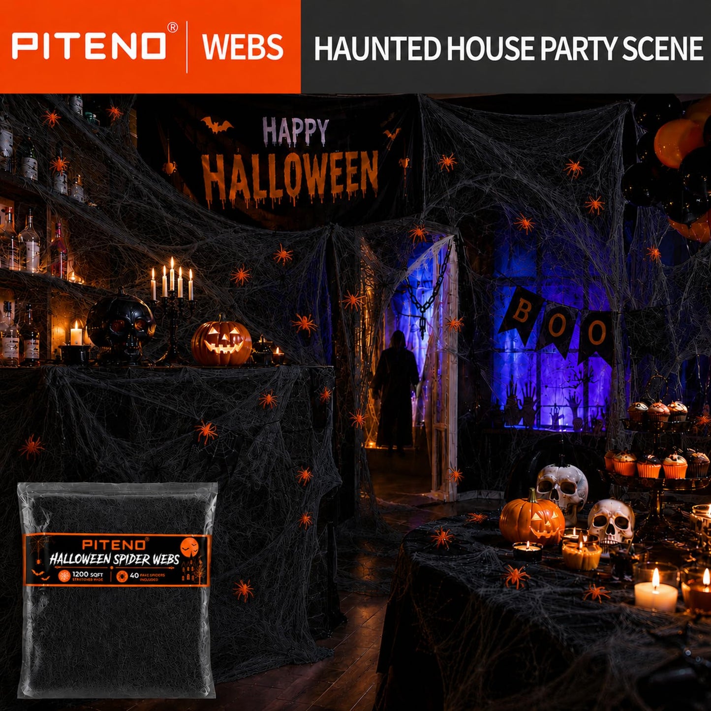Piteno® 1200 sqft Spider Webs Halloween Decorations with 40 Fake Spiders, Stretchable Halloween Spider Webs for Indoor Outdoor Haunted House Yard Porch Party Decor (Black)