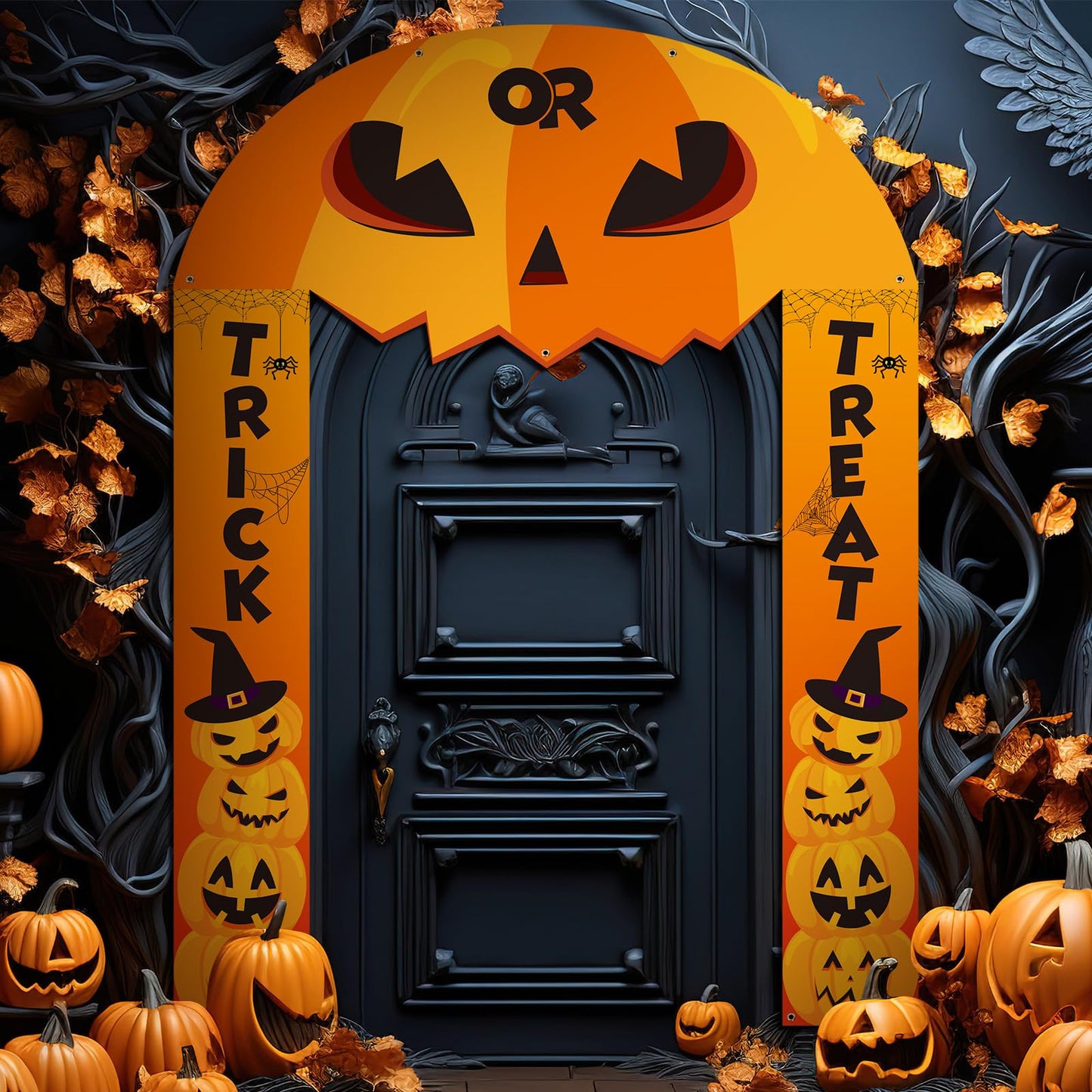 HunnmingRe 3 Pcs Halloween Cemetery Archway Halloween Cemetery Banners Gothic Outdoor Banners Sign Banner Decorations for Outdoor Party Supplies (Pumpkin)