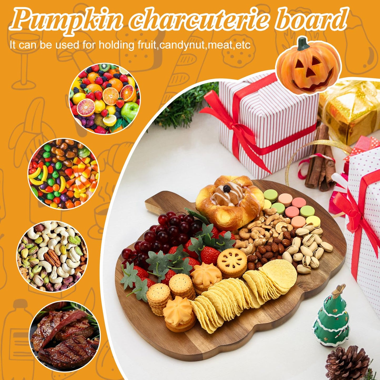 Halloween Charcuterie Board Gifts Pumpkin Shaped Wooden Cutting Boards for Kitchen Fall Serving Platter Turkey Thanksgiving Cheese Board Wood Halloween Trays Decor Modern Pumpkin Dishes Decoration