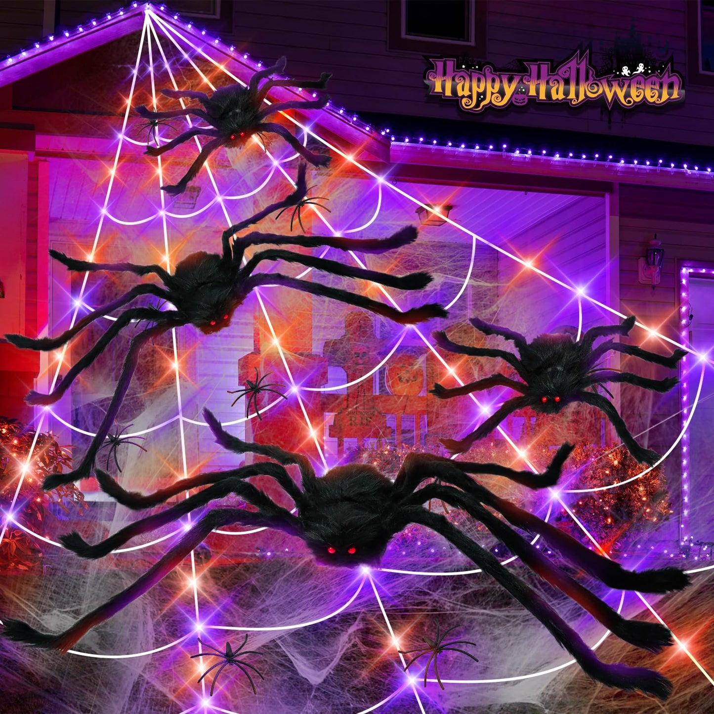 Kenburg 23Ft Light Up Spider Web Halloween Decorations Outdoor, 180 Orange and Purple LED Giant Web, 24 Spiders & 60g Stretch Cobweb Decor, 8 Modes Scary Lights for Outdoor Yard