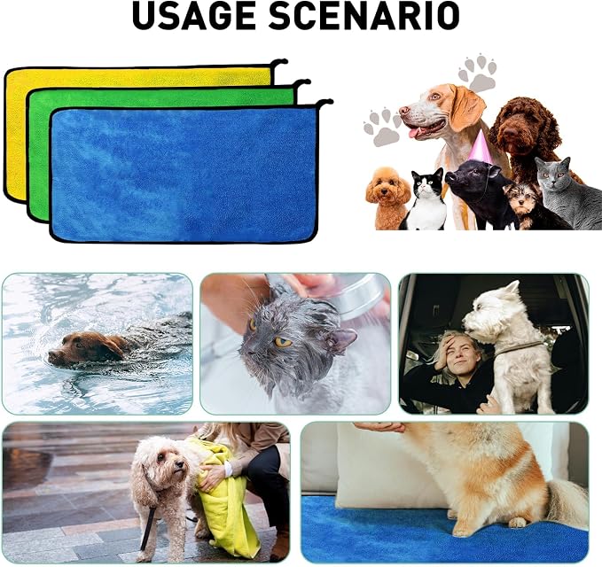 3 Pcs Dog Bath Towel Super Absorbent Puppy Drying Towel Microfiber Pet Grooming Towels for Medium Small Dogs Quick Dry Doggy Blanket, 24''x12''