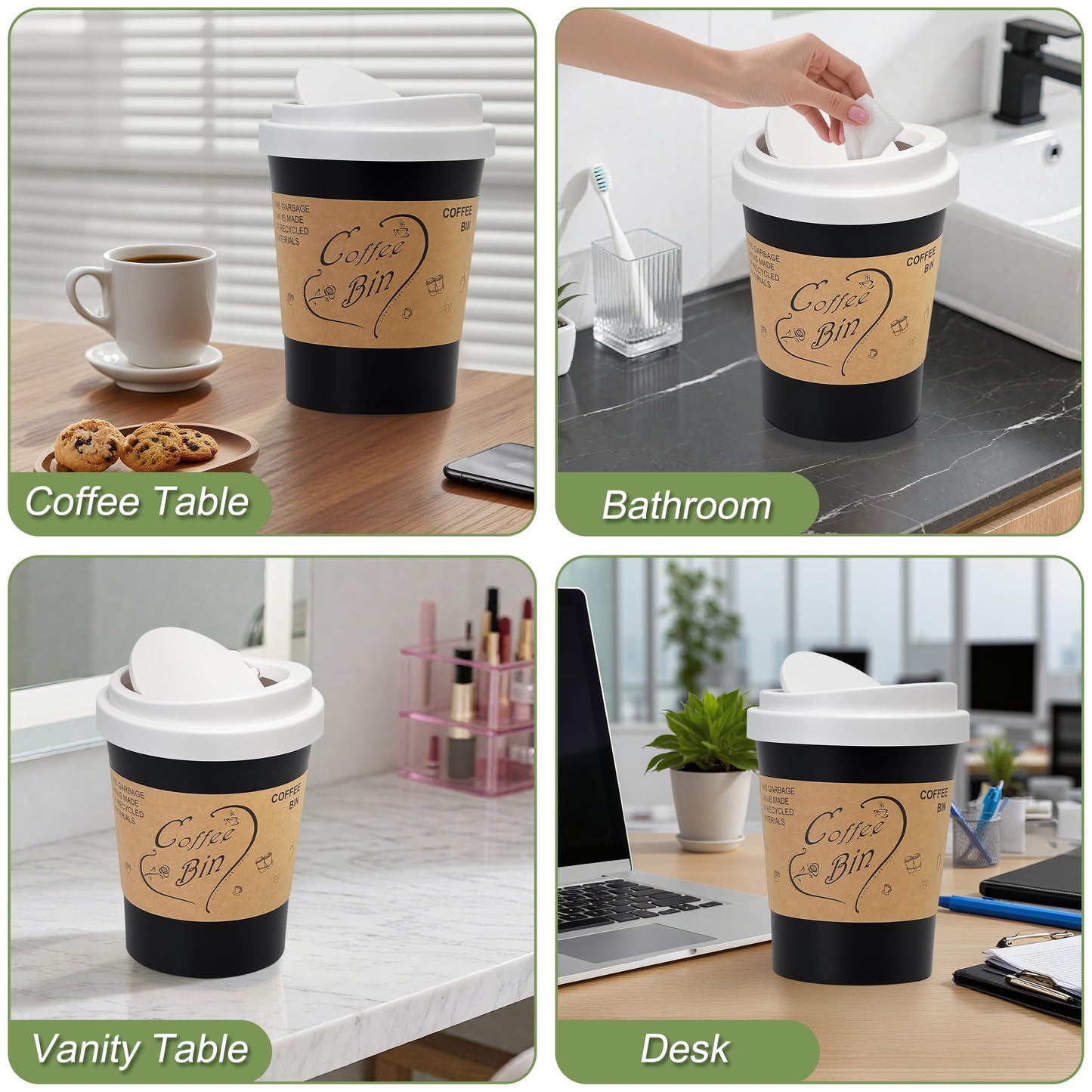 Soddeph Plastic Mini Trash Can with Swing-Top Lid, 0.9 Gallon Desktop Waste Bin for Coffee Table, Office, Small Countertop Wastebasket for Counter, Vanit (White Lid + Black Can, Small)