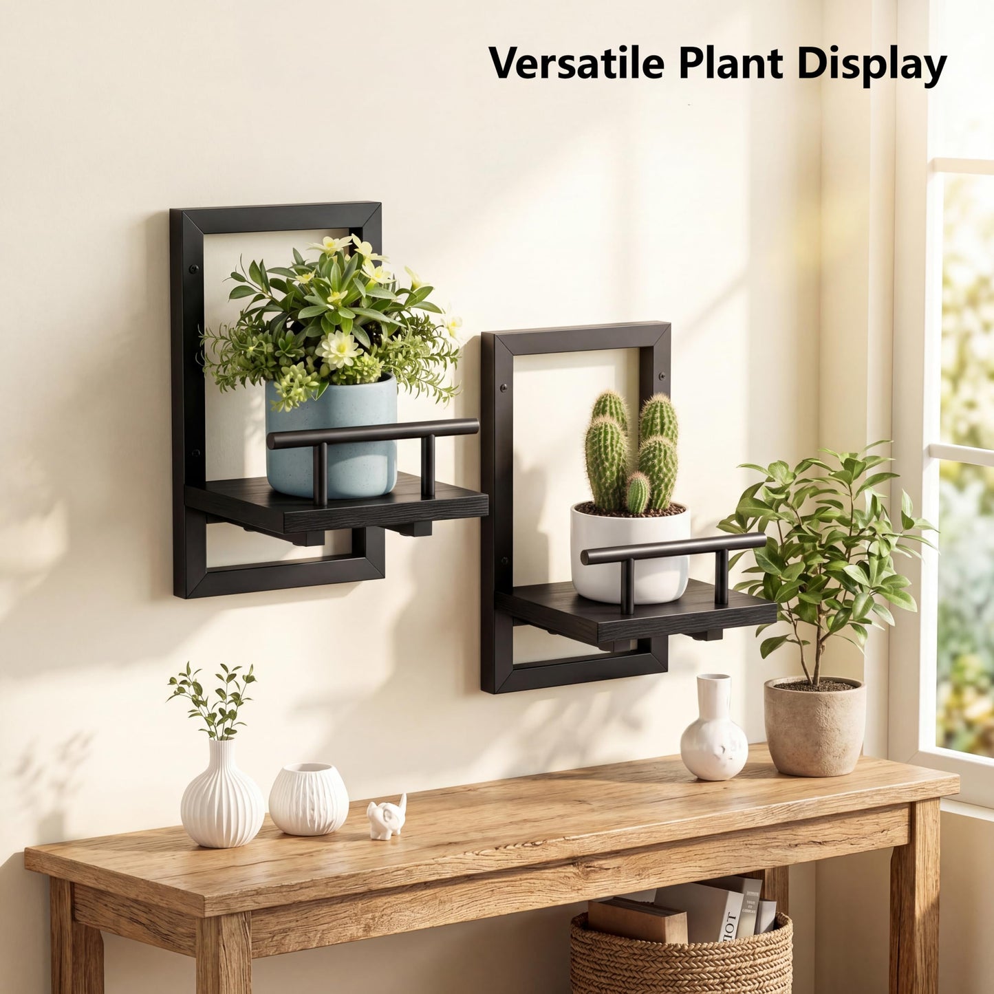 Sbosbo Floating Shelves for Wall, Plant Shelf Indoor, Wall Planters for Indoor Floating Plant Shelves for Bedroom, Living Room, Kitchen, Office, Bathroom Decor (Black, 2 Pack)