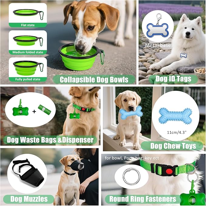 No Pull Dog Harness Adjustable Collar & Leash Set - Dog Halter Harnesses Collapsible Bowls & Poop Bag Dispenser Muzzle ID Tags Toys Fits Small Medium Large Dogs (Green-XL)