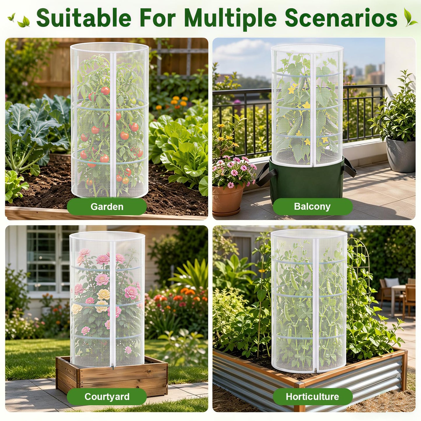 2 Pcs Garden Mesh Plant Cover for Round Tomato Cage, 57" x 15.7" Insect Bird Netting Protection Net Covers with Zipper & Drawstring, Garden Tomato Trellis Netting for Climbing Plants