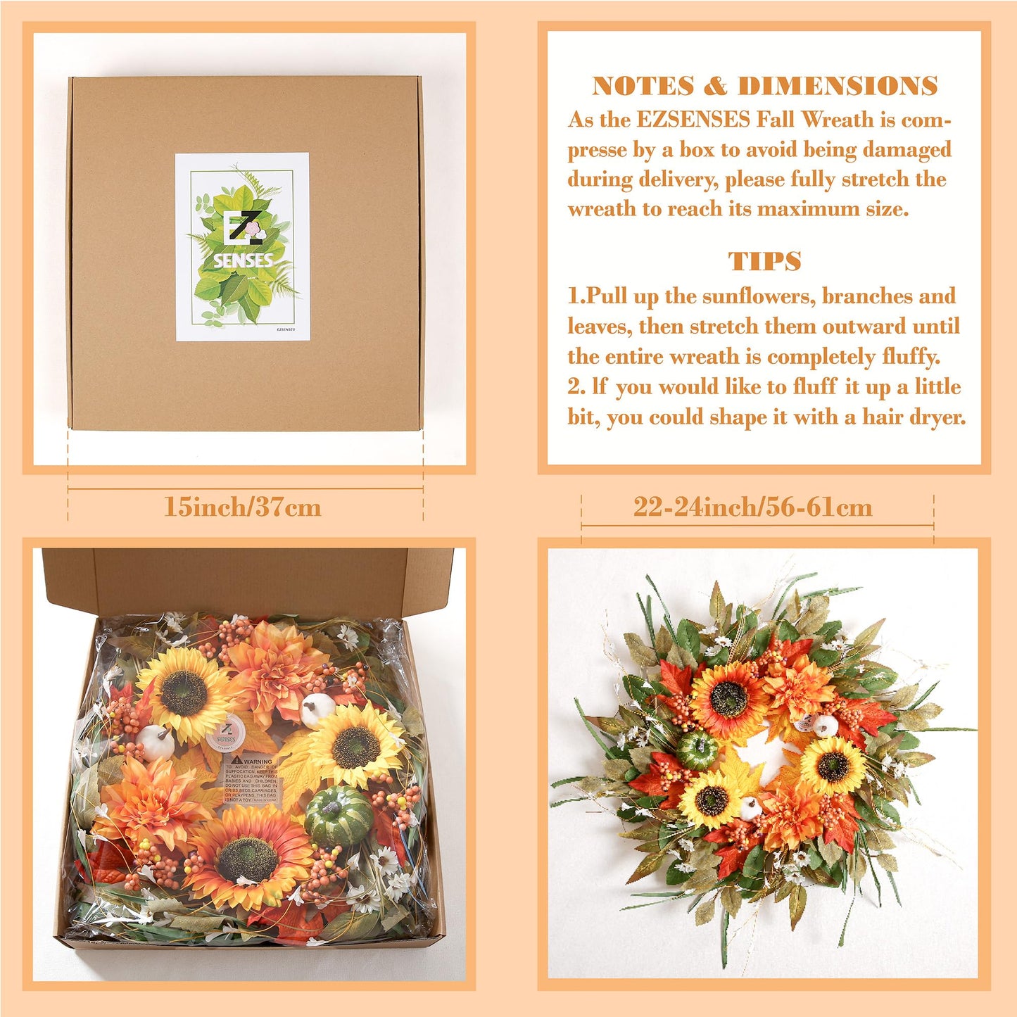 Sunflower Wreaths for Front Door Outside All Season, 24 Inch Artificial Dahlia and Sunflower Door Wreath with Greenery, Pumpkins and Maple Leaves for Home Porch Decor