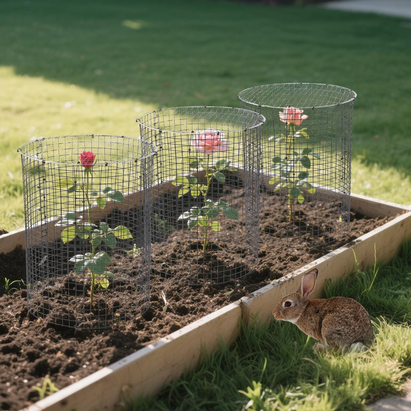 12 Sets of 16'' x 12'' Garden Plant Protectors from Animals With Detachable Covers ,36Pcs Metal Wire Protectors With Cover for Plants , Metal Plant Cage Chicken Wire Cloche with Stakes & Nylon Ties
