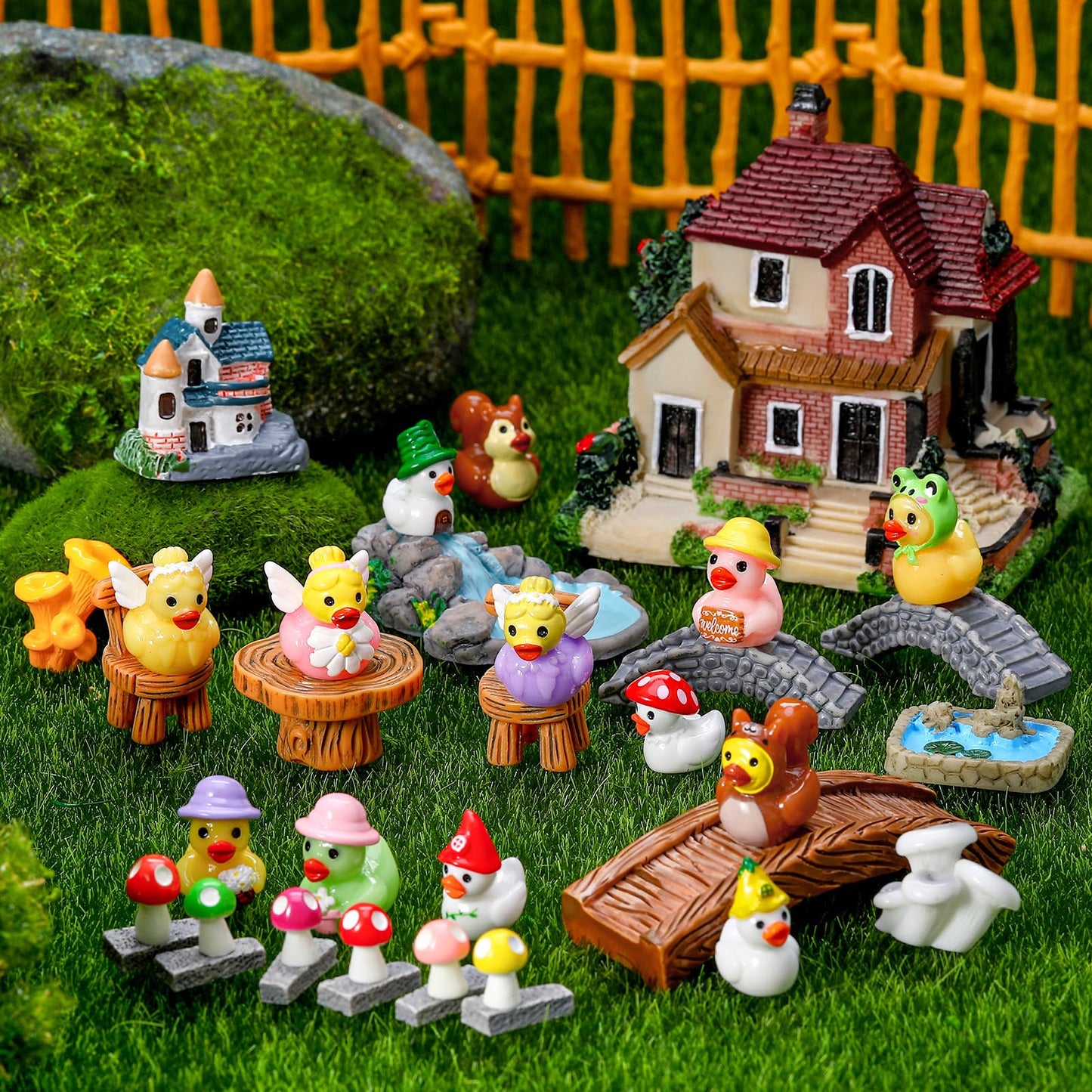 GGSTDDUP 36 Pcs Fairy Garden Accessories - Miniatures Garden Houses Bridge Landscape Water Well Fence Figurines Pond Mushroom Lawn Garden Ornament for DIY Terrarium Potted Plants Dollhouse Desk Decor