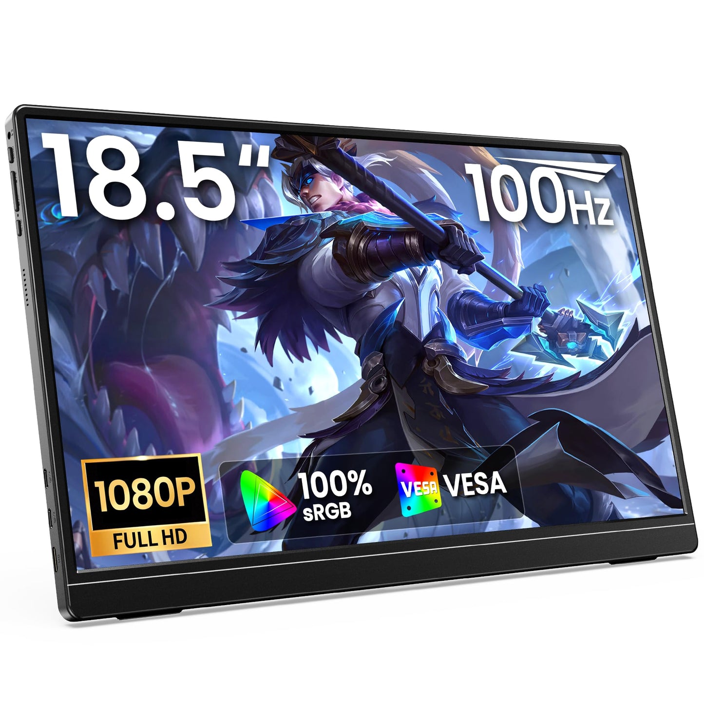ForHelp 18.5 Inch 100Hz Portable Display, 1920x1080 16:9 FHD Monitor with Built-in Stand and Speakers, Compatible with Laptop, Mobile Phone and Game Consoles