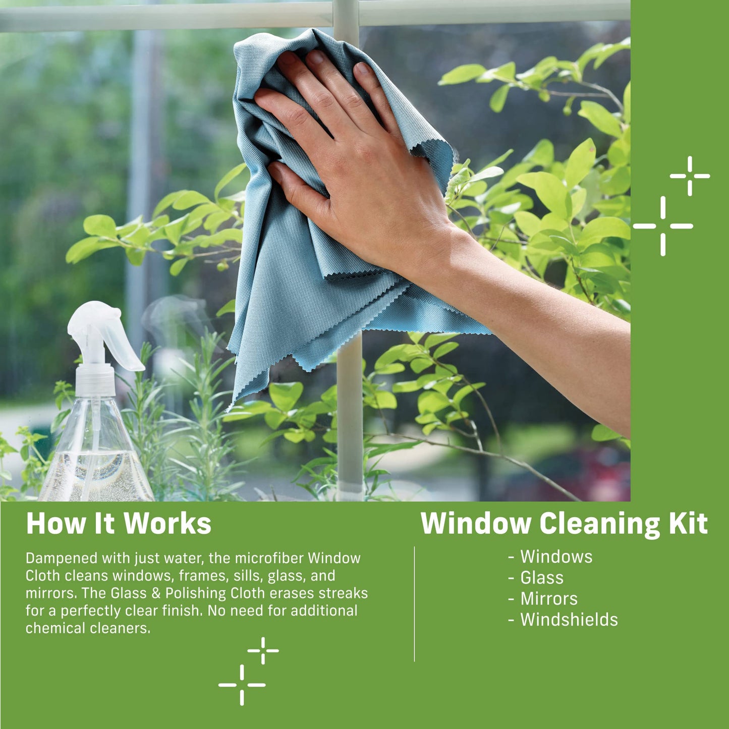 E-Cloth Microfiber Window Cleaning Cloth Kit - Glass Cleaning Cloth for Windows, Mirrors, Cars, Lenses, Eyeglasses, & More, Streak Free Clean, Machine Washable Reusable Towel - Green