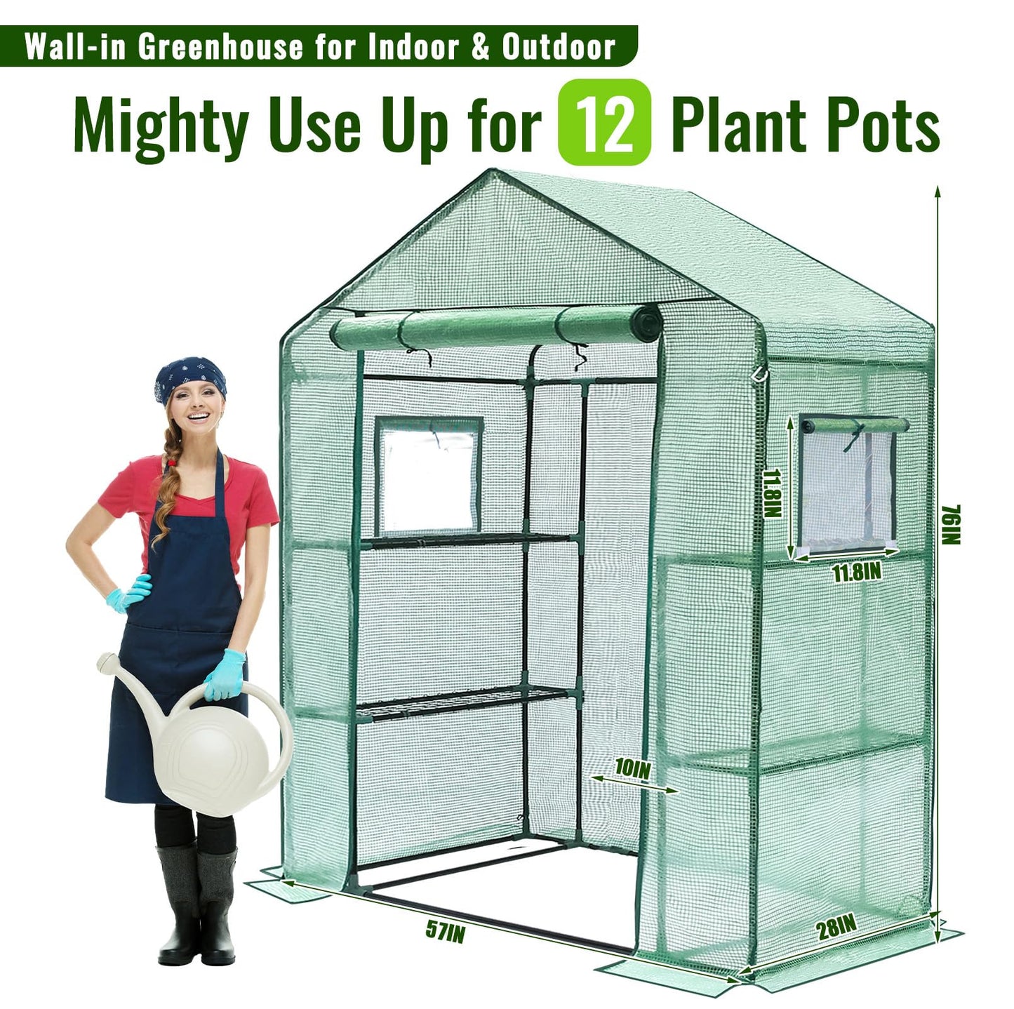 Greengro Greenhouse, 28 x 57 x 76'' Greenhouses for Outdoors, Small Plant Green House with Screen Windows, 3 Tiers 4 Shelves, Durable PE Cover, Plastic Portable Walk in Greenhouses for Outside Indoor