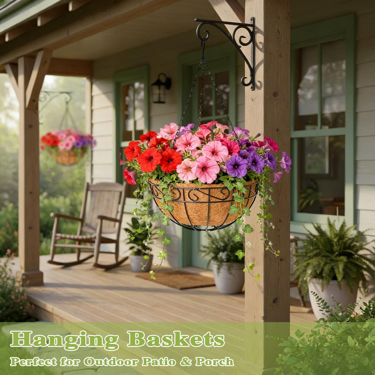 Qusuxi 4 Pack 10 Inch Hanging Baskets for Plants Outdoor Metal Hanging Planter Hanging Flower Baskets with Coco Fiber Liners Chain Round Wire Plant Holder Hangings Flower Pots(Plaid)