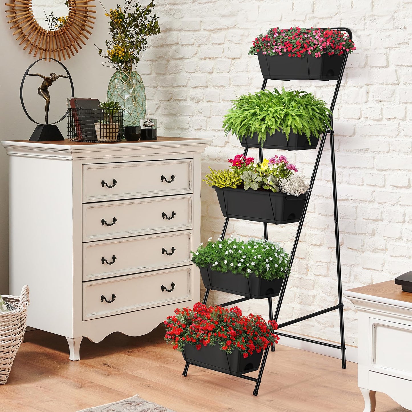 Vertical Garden Planter 5 Tiers Raised Garden Bed Outdoor Standing Herb Garden Planter with Drainage Holes and Removable Tray Planters for Outdoor Plants Vegetables Flowers Black
