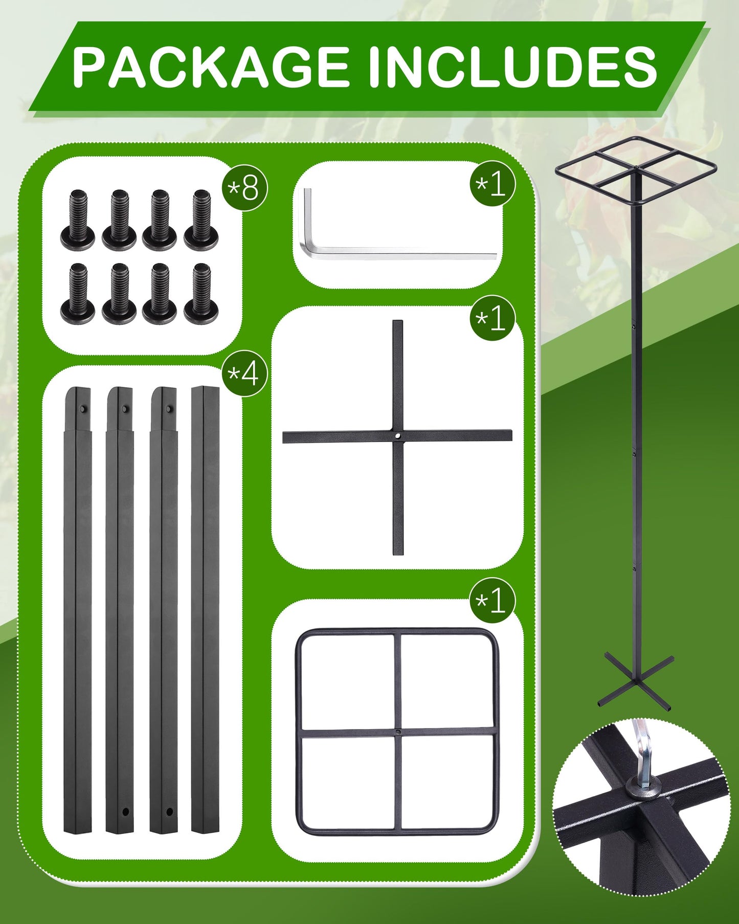 Metal Dragon Fruit Trellis 62" - Adjustable Heavy Duty Metal Plant Support with Square Top Design for Climbing Plants and Vertical Gardening, Powder-Coated Black for Garden, Patio, Indoor Use