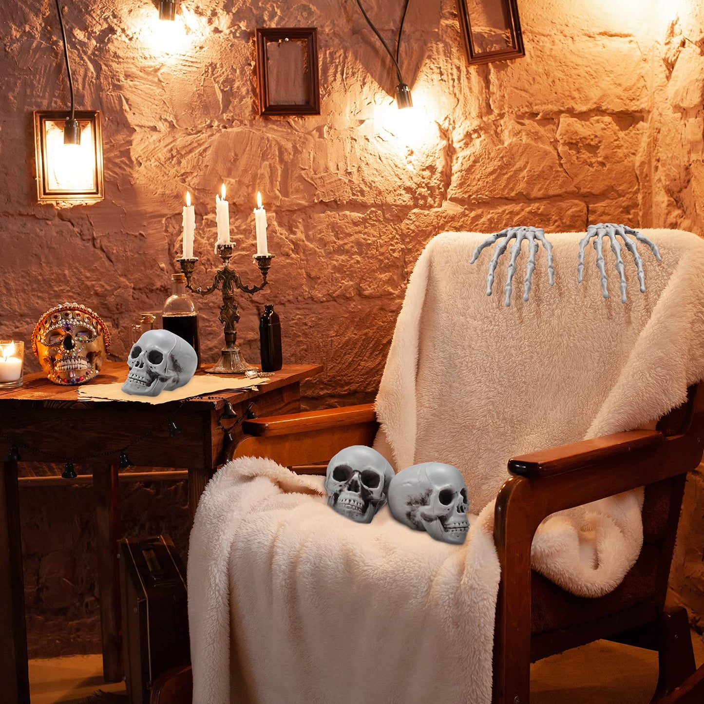 8 Pieces Halloween Decoration Set Includes 4 Halloween Mini Skulls Realistic Looking Skulls and 4 Skeleton Hands Plastic Fake Human Hands for Decoration
