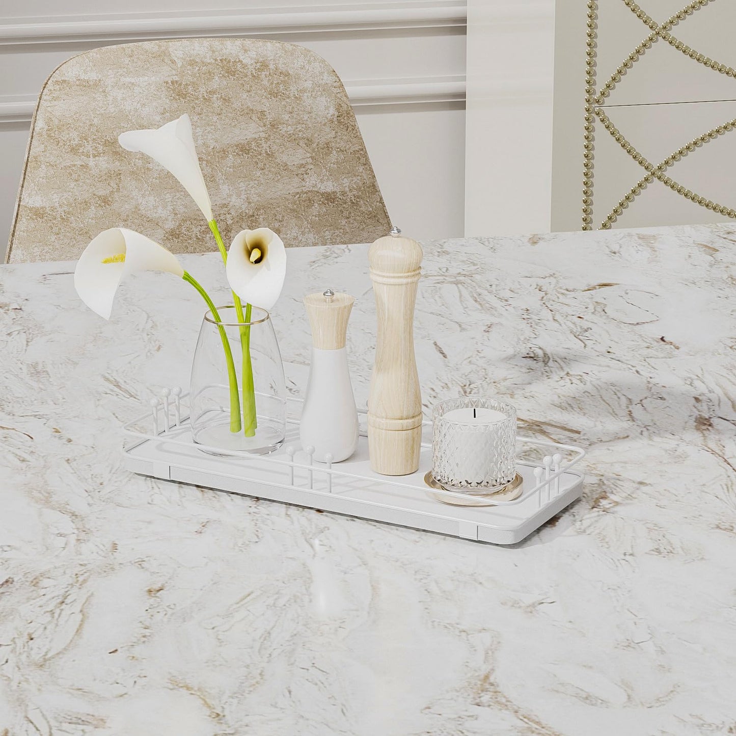 Pursura Bathroom Vanity Tray for Countertop Toiletries Perfume Makeup Soap Dispenser Toilet Tank, Kitchen Tray for Salt Spice, Decor Tray for Candle Nightstand Coffee 11.3”x 4.4” White