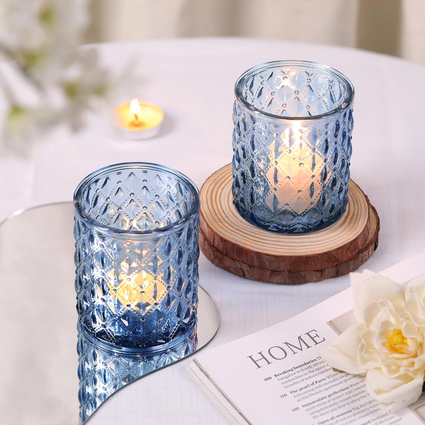 8 Pcs Large Votive Candle Holders Blue Tea Light Candle Holders Glass Candle Holder for Wedding, Bridal Shower, Table Centerpiece, Party, Home Decor