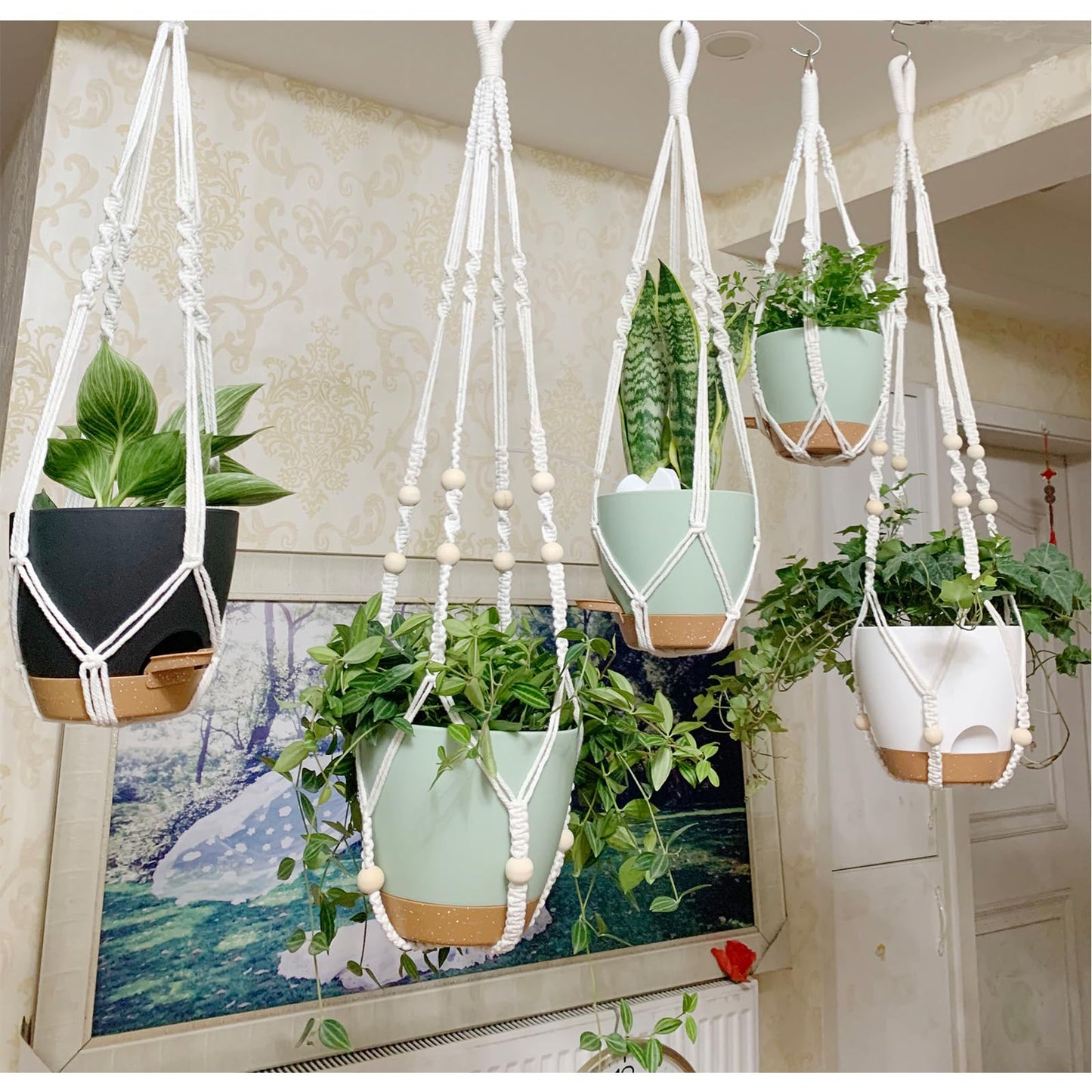 BLEAFLUV Hanging Planters with Macrame Plant Hangers for Indoor Outdoor Plants, 3 Set Hanging Baskets Flower Pots Holders 35''/27''/21'', Self-Watering Pots 7''/6''/5.5'', Boho Home Decor, White