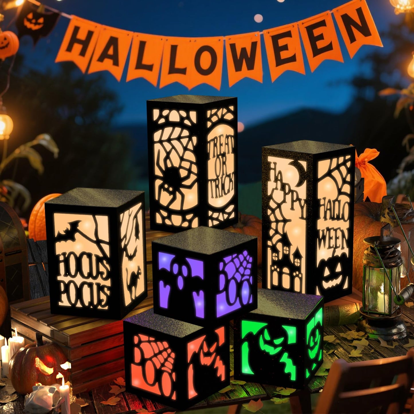 OuMuaMua 6 Pcs Halloween Table Decorations Indoor Halloween Table Centerpieces Boxes, Light up Paper Pumpkin Lanterns with Witch Spider Ghost Patterns for Spooky Party Supplies Home Decor